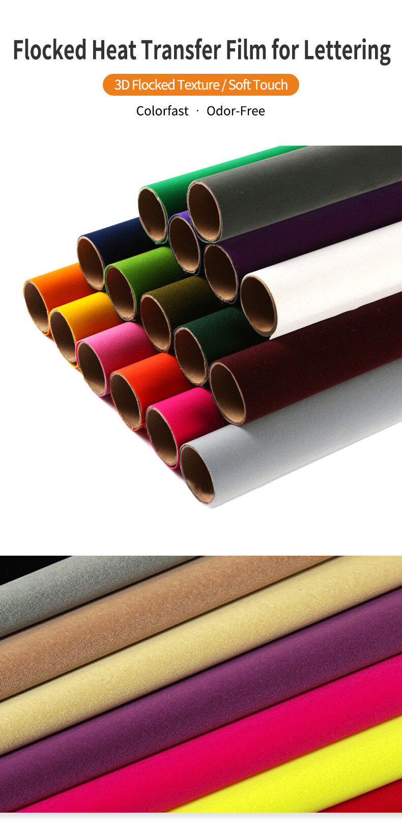 Rolls of flocked heat transfer vinyl, velvet flock HTV for apparel printing