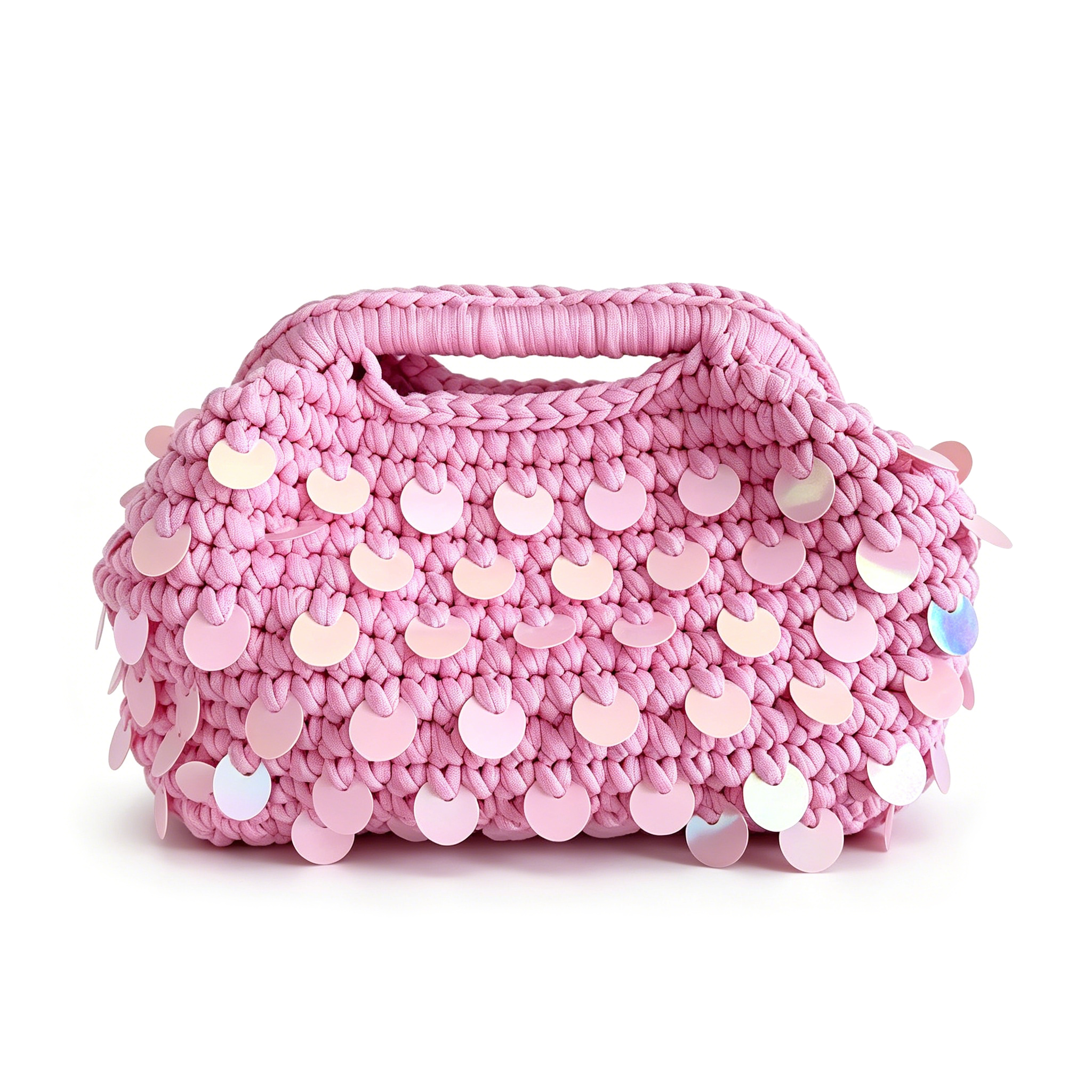 Hand-woven pink sequin mini handbag; chunky-cord crochet evening bag; unique, soft-style handheld bag.