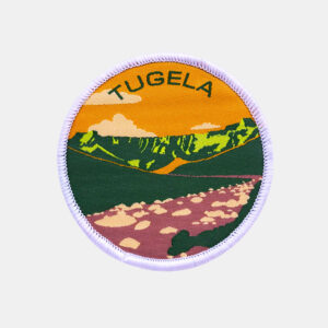 Custom round woven patch with merrow border, landscape logo woven patch