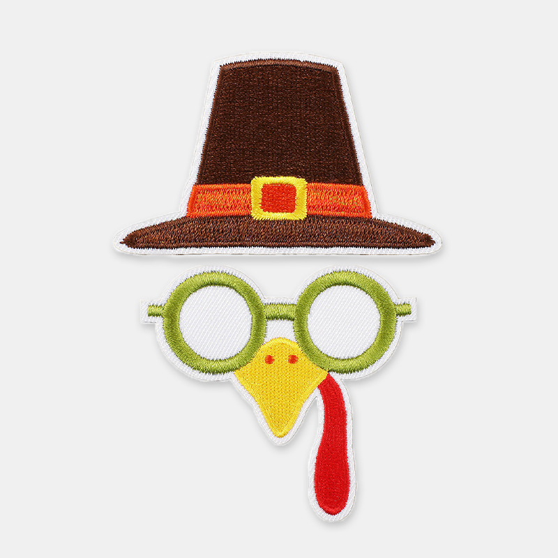 Funny turkey face with glasses embroidered applique, Thanksgiving iron-on patch