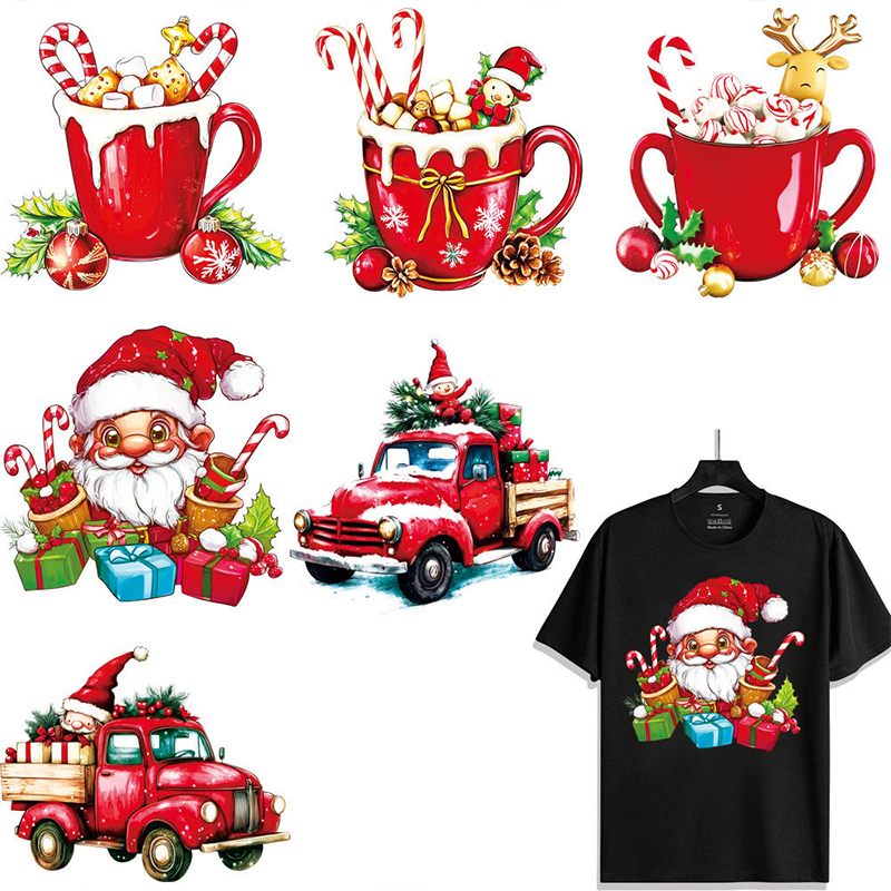 Christmas hot cocoa Santa iron on transfers displayed on black t-shirt