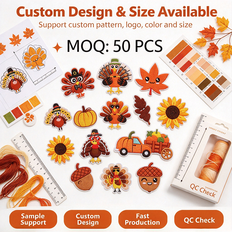 Custom Thanksgiving embroidered appliques, bulk wholesale low MOQ 50pcs