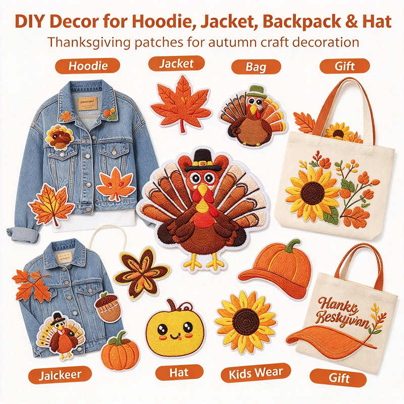 Thanksgiving iron-on appliques decorating denim jacket and canvas tote bag