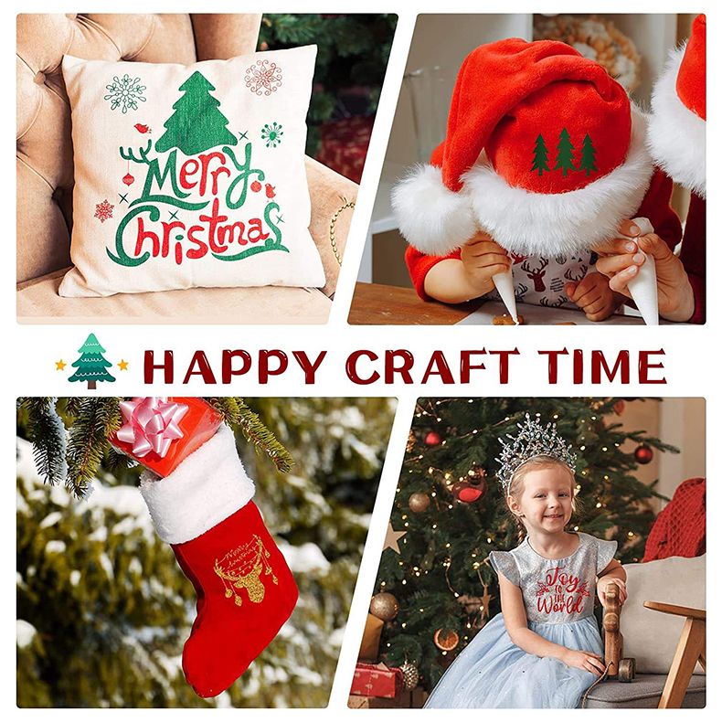 Christmas HTV heat transfer vinyl application examples on t-shirt, pillow, stocking and hat