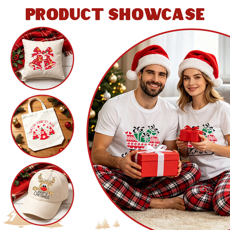 Christmas patterned HTV heat transfer vinyl product showcase, applied on t-shirt, pillow, tote bag and cap