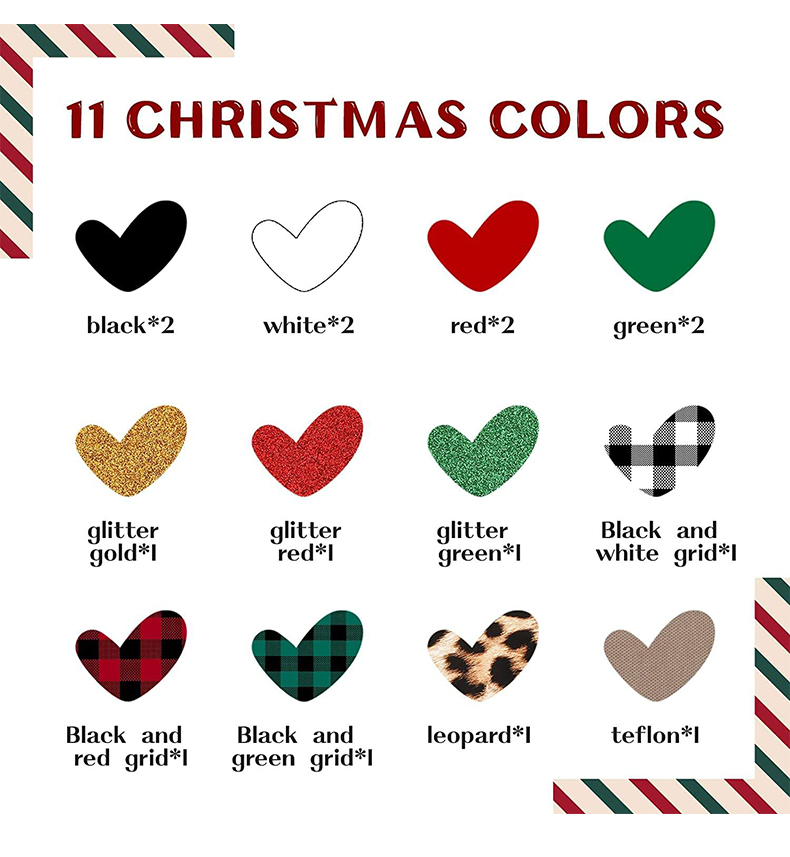 Christmas color chart of individual HTV iron on vinyl, solid and plaid leopard patterns